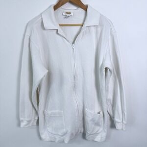 Talbots Ribbed Knit Full Zip Up Jacket Size L White Cotton Lightweight Casual‎